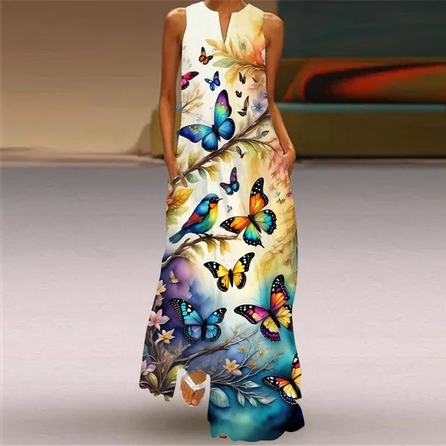 Summer Women’s Artistic Retro Sleeveless V-Neck Oversized Swing Maxi Dress | Casual Loose Boho Long