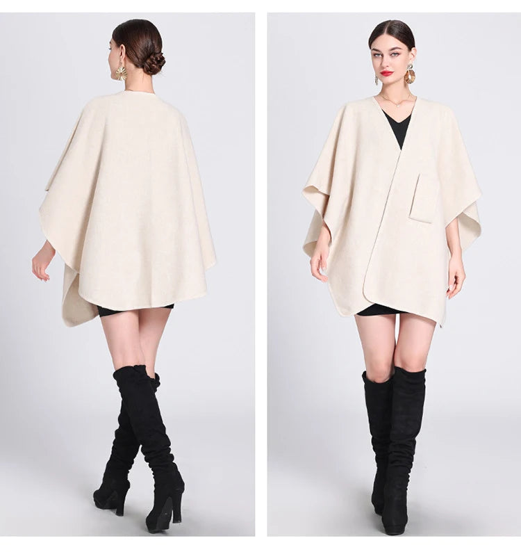 Fashion Side Strap Wool-Blend Poncho Cape – Autumn/Winter Women’s Cardigan Shawl Cloak
