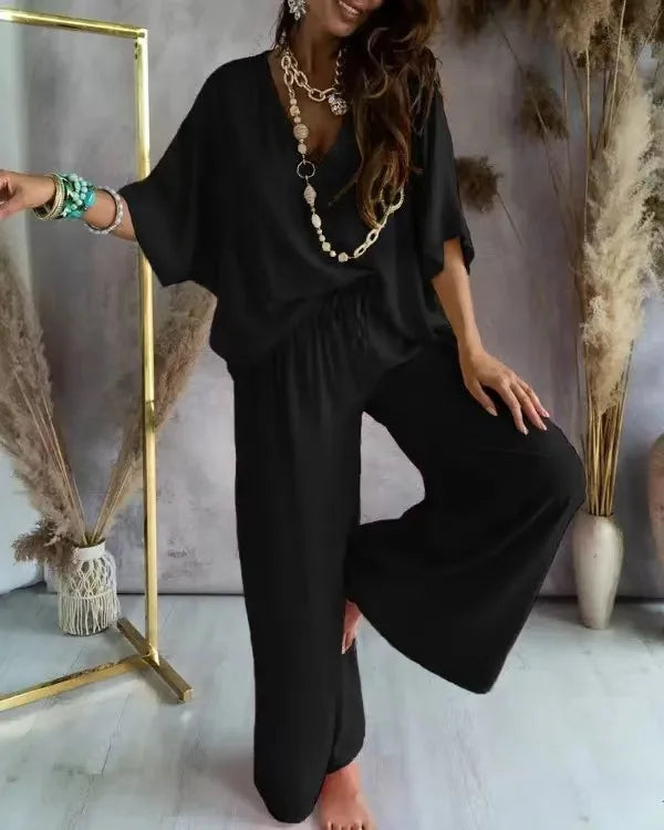 Women’s Summer Two-Piece Pant Set – V-Neck Bat Sleeve Casual Loose Outfit