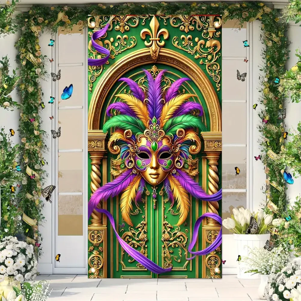 Mardi Gras Door Cover Banner – Colorful Masquerade Mask & Feather Print Backdrop for Party Decorations, Porch, Indoor & Outdoor Celebrations