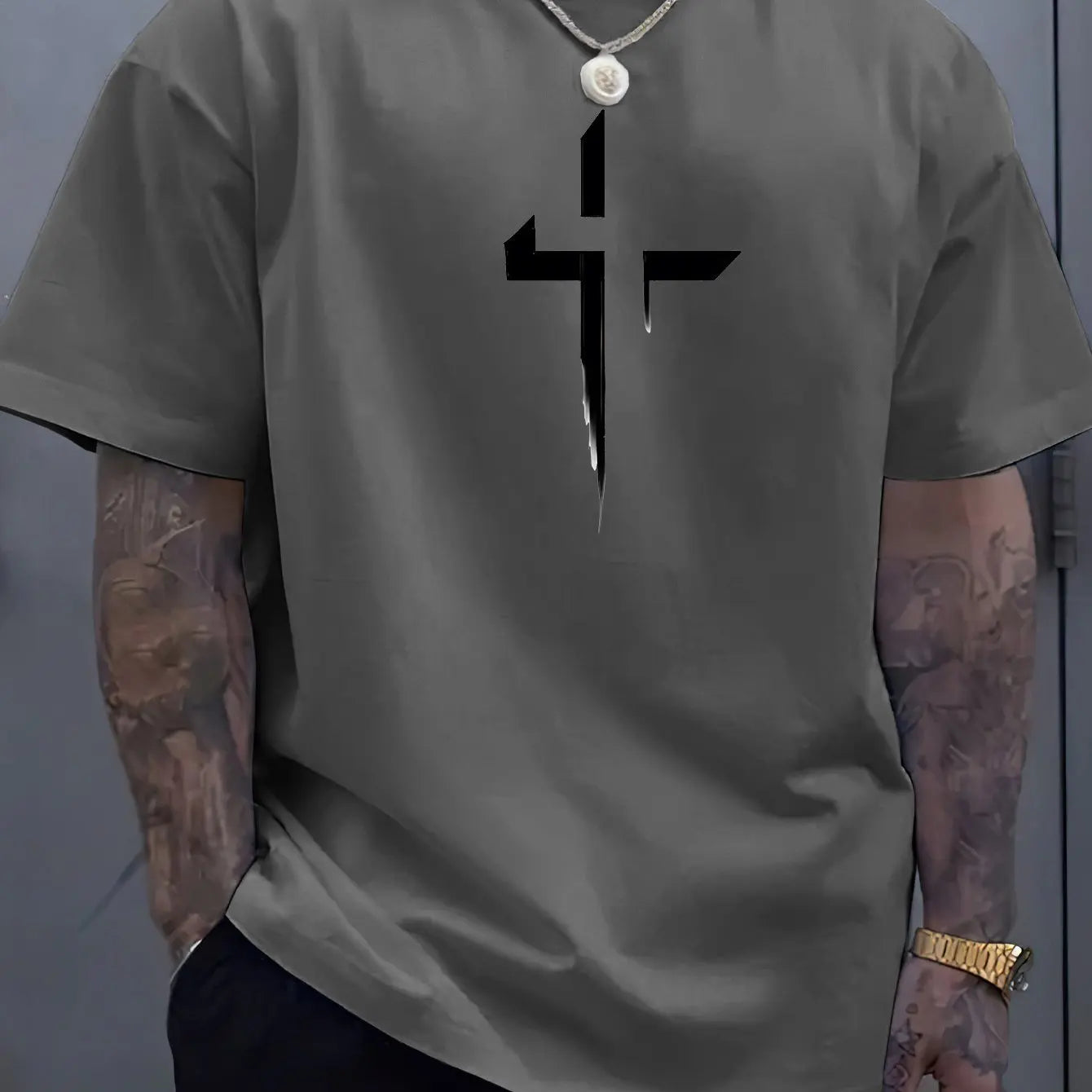 Men’s Summer Casual T-Shirt – 100% Pure Cotton, Plus Size, Creative Cross Prin