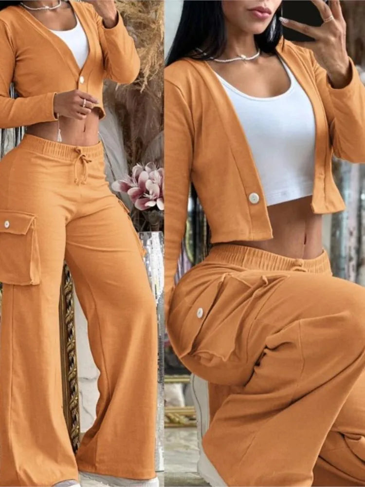 Women's Spring/Summer 2-Piece Set – Printed Crop Top & Casual Pants