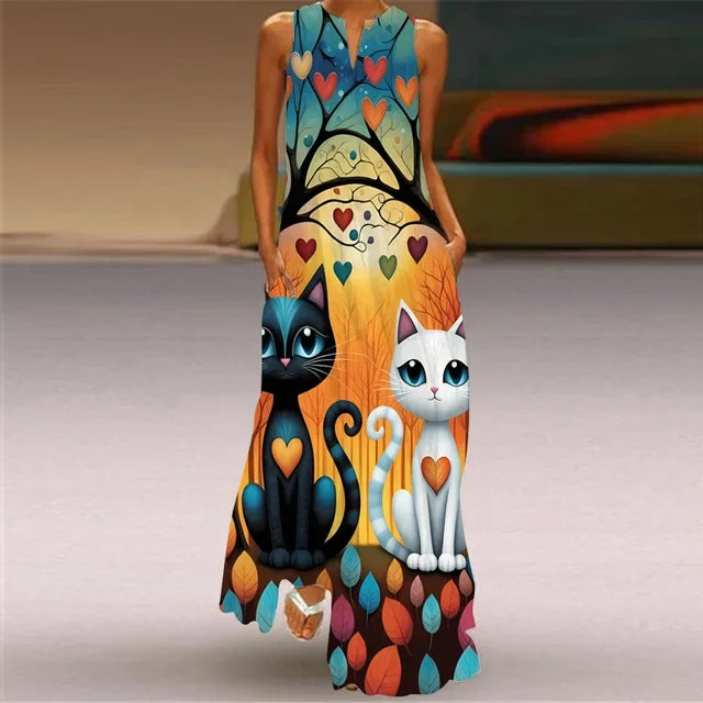 Summer Women’s Artistic Retro Sleeveless V-Neck Oversized Swing Maxi Dress | Casual Loose Boho Long