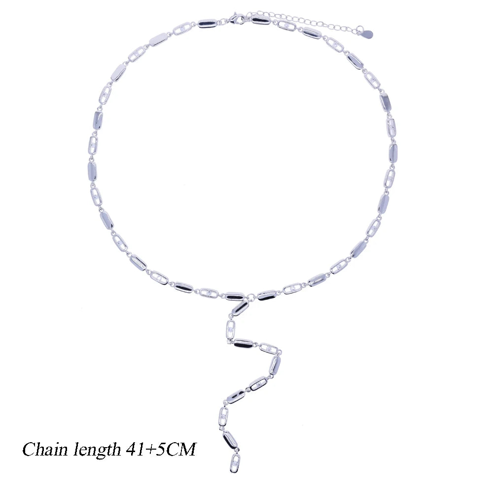 Geometric Rectangle Bling Micro Pave CZ Bar Link Chain Choker Lariat Y Necklace – Silver C