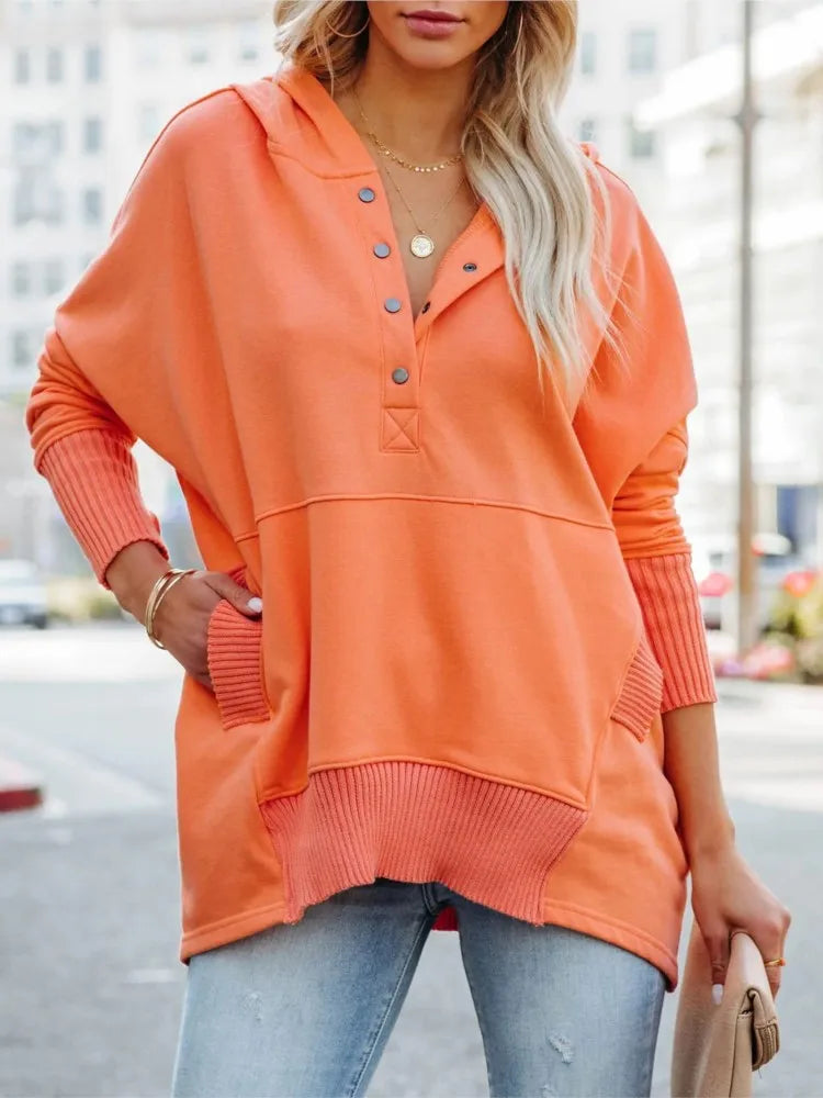Stay Cozy in Style – Casual Loose White V-Neck Hooded Sweatshirt for Women