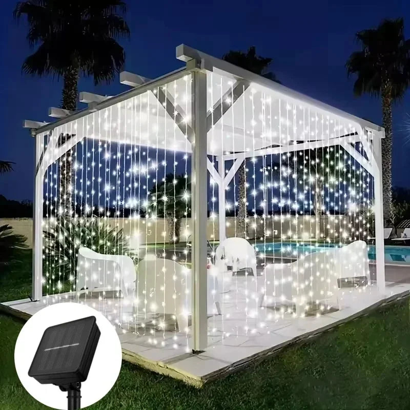 3×3M Solar Curtain String Lights – 300 LED Outdoor Decorative Lights with 8 Lighting Modes for Christmas, Halloween, Garden & Party Decor