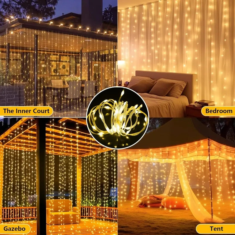 3×3M Solar Curtain String Lights – 300 LED Outdoor Decorative Lights with 8 Lighting Modes for Christmas, Halloween, Garden & Party Decor