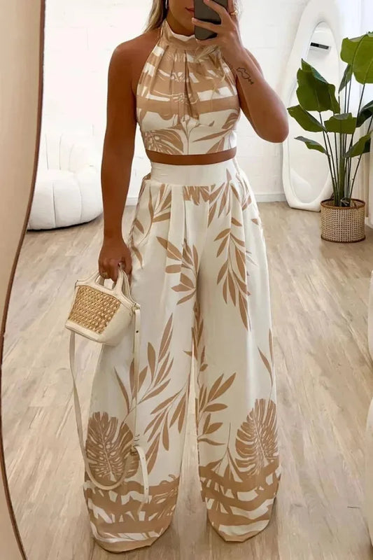 Sexy Halter Backless Vest & Wide-Leg Pants 2-Piece Set