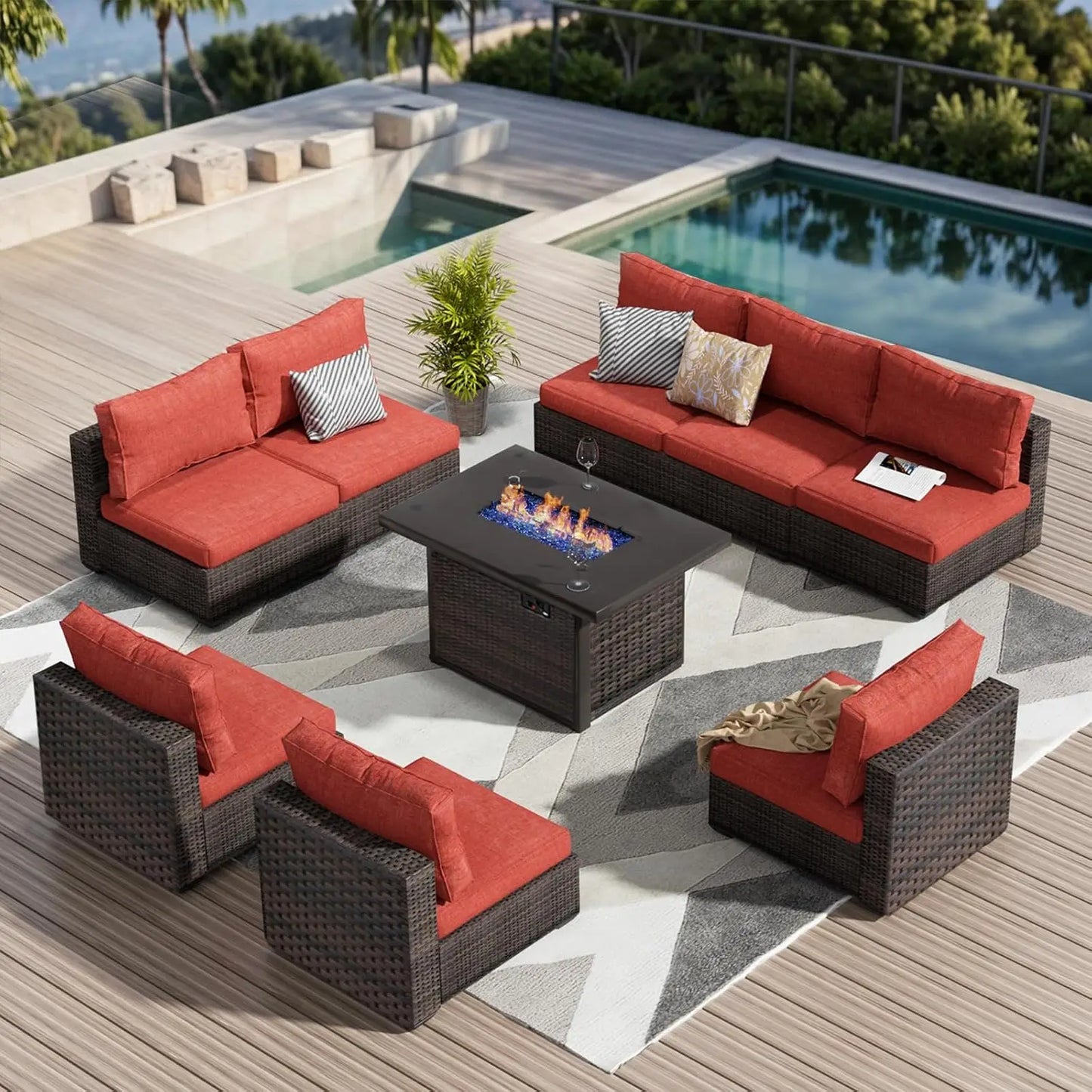 9-Piece Outdoor Sectional Patio Furniture Set with Fire Pit Table