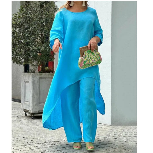Two-Piece Women's African Outfit – Cotton Linen Top & Oversized Trousers