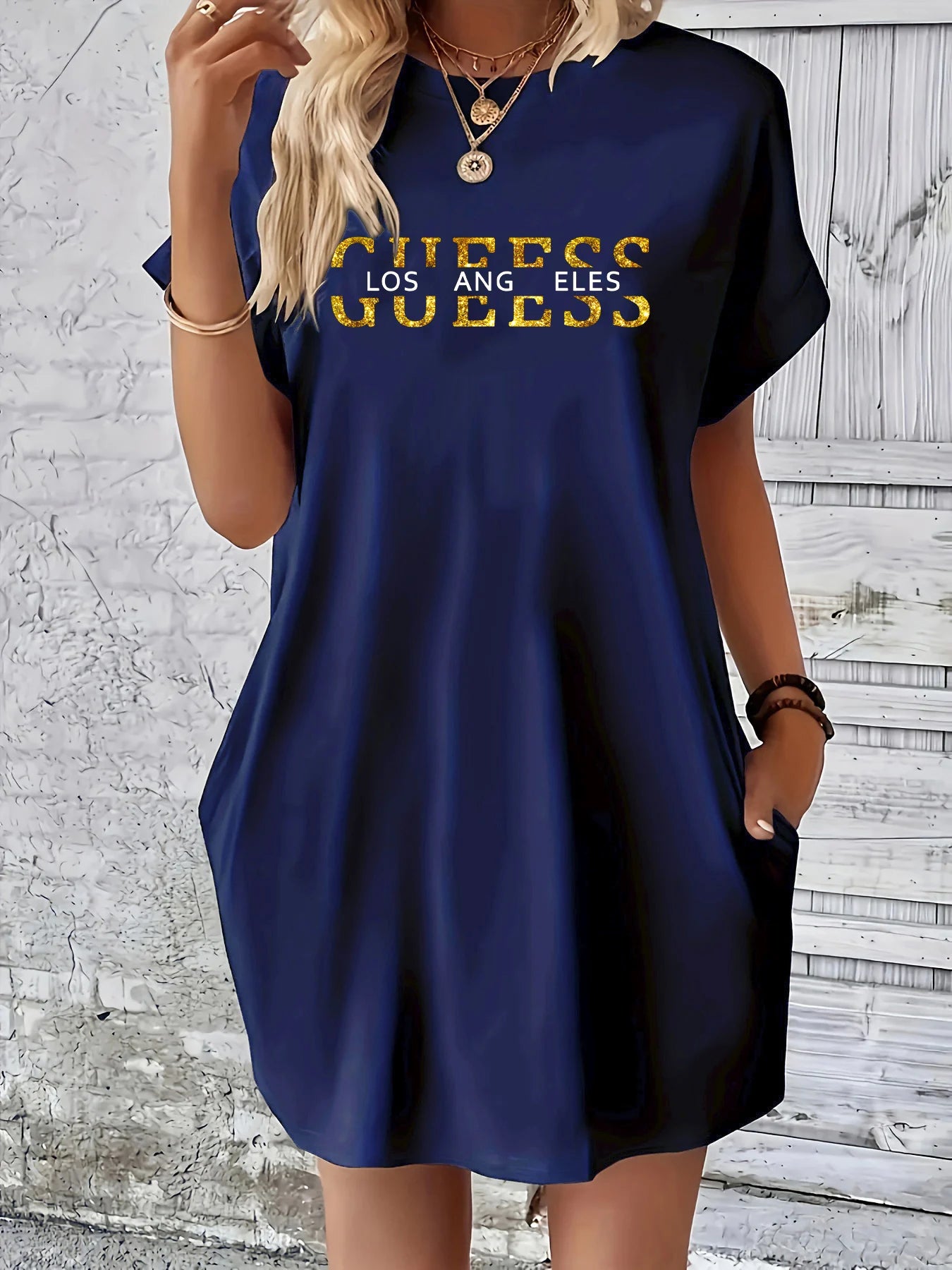 Women’s GUEESS Los Angeles Letter Print Casual Plus Size Dress – Summer Loose Short Sleeve Pocket Dress