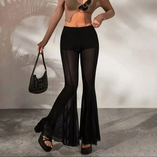European & American High-Stretch Mesh Bell Bottom Pants – Black