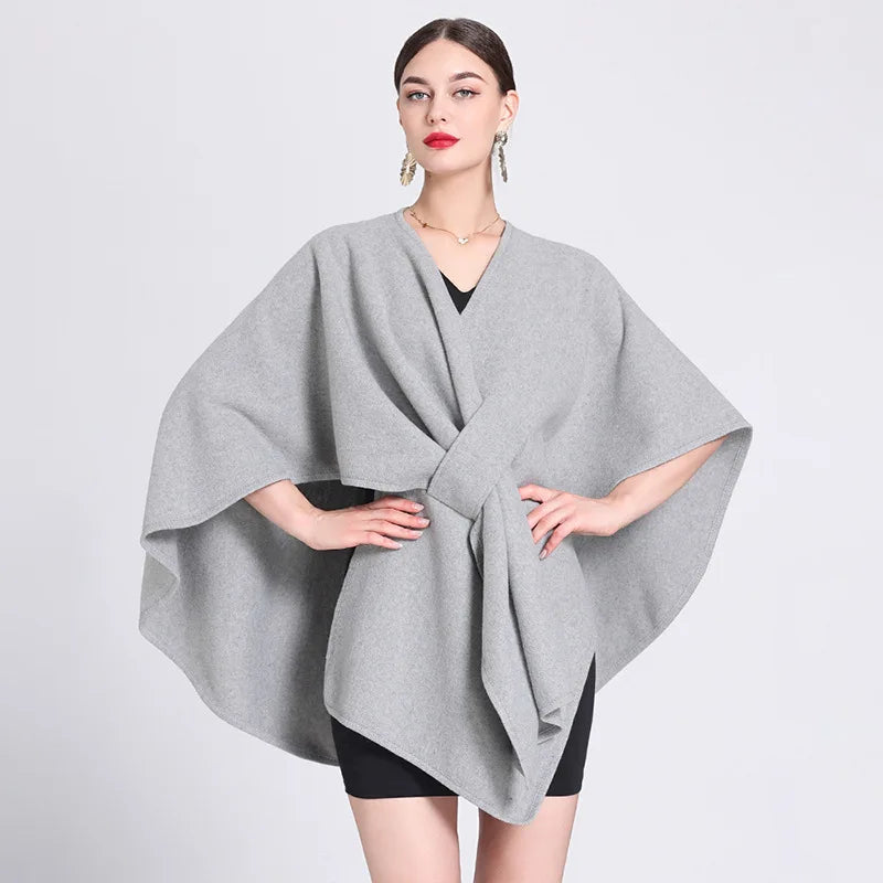 Fashion Side Strap Wool-Blend Poncho Cape – Autumn/Winter Women’s Cardigan Shawl Cloak