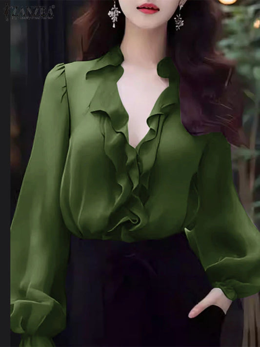 ZANZEA Women’s V-Neck Long Sleeve Blouse – Elegant Office Tunic Top
