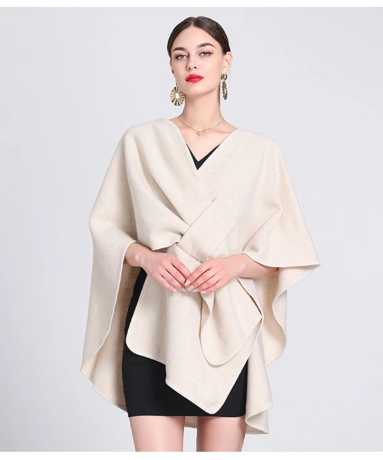 Fashion Side Strap Wool-Blend Poncho Cape – Autumn/Winter Women’s Cardigan Shawl Cloak