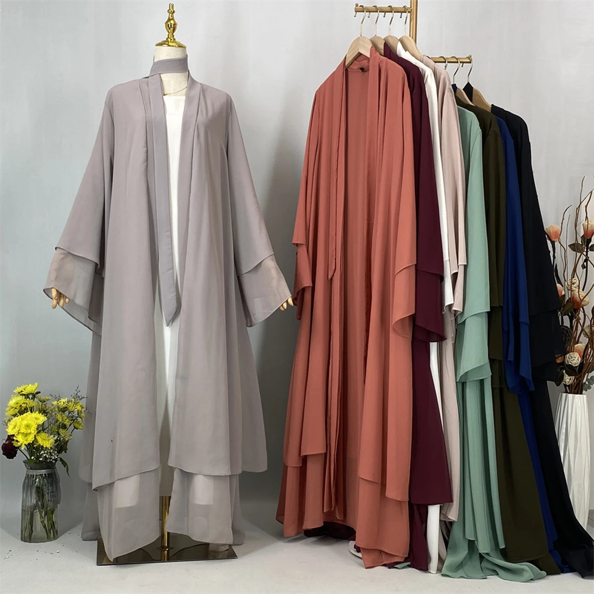 Latest Muslim Abaya – Two-Layer Chiffon Elegant Cardigan Robe for Women