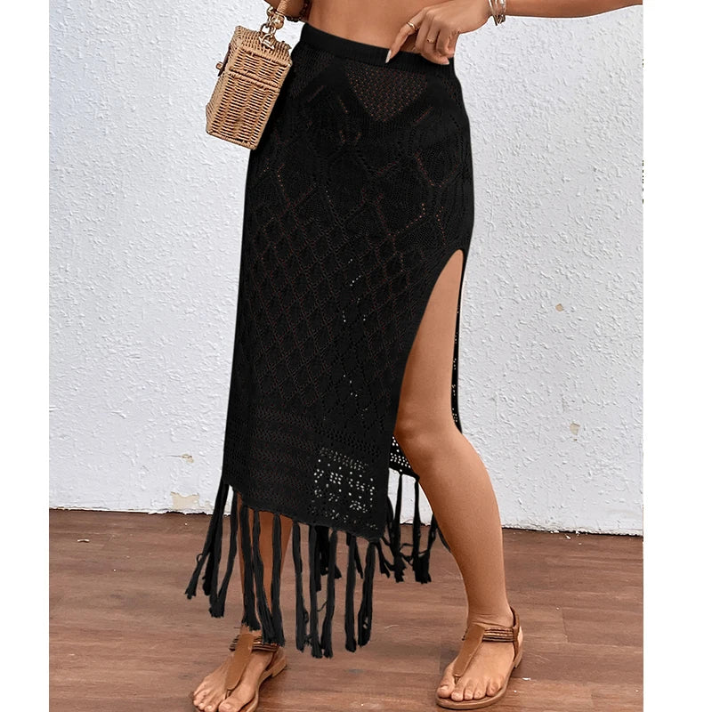 Women’s Knitted Texture Sarong Skirt – Sexy High Slit Tassel Beach Cover-Up