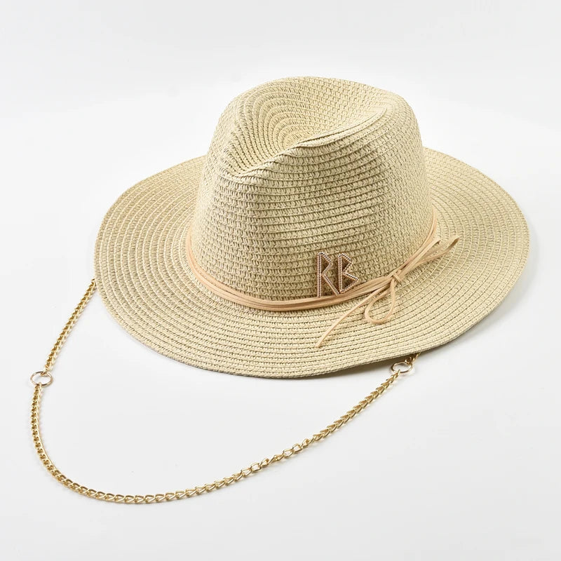 Fashionable Metal RB Letter Straw Hats – Unisex Summer Panama Jazz Style