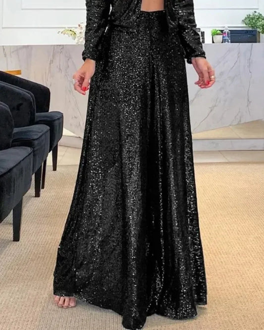 Elegant Shiny Sequin High-Waist Wide-Leg Pants – Women's Fashion Statement