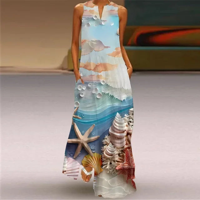 Summer Women’s Artistic Retro Sleeveless V-Neck Oversized Swing Maxi Dress | Casual Loose Boho Long