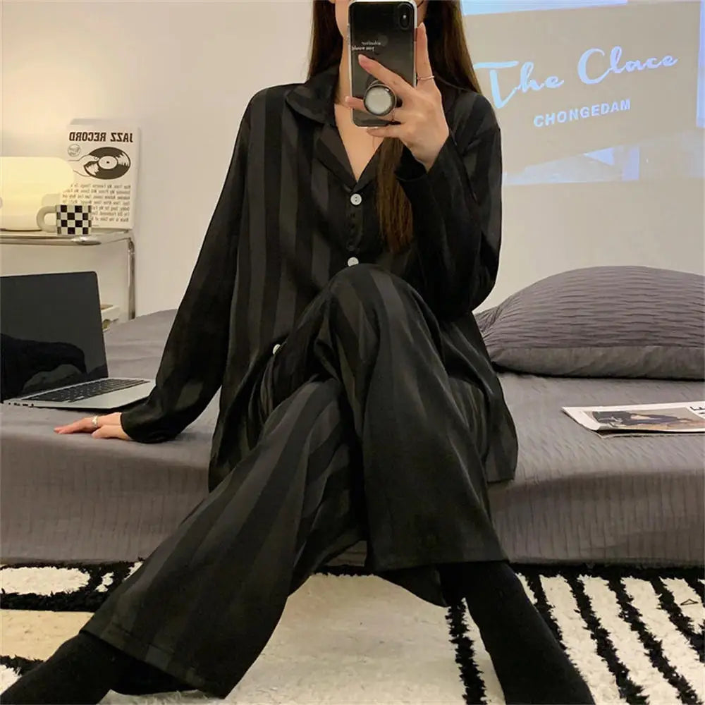 Women's Summer Striped Silk Satin Pajama Set – Long Sleeve Top & Trousers