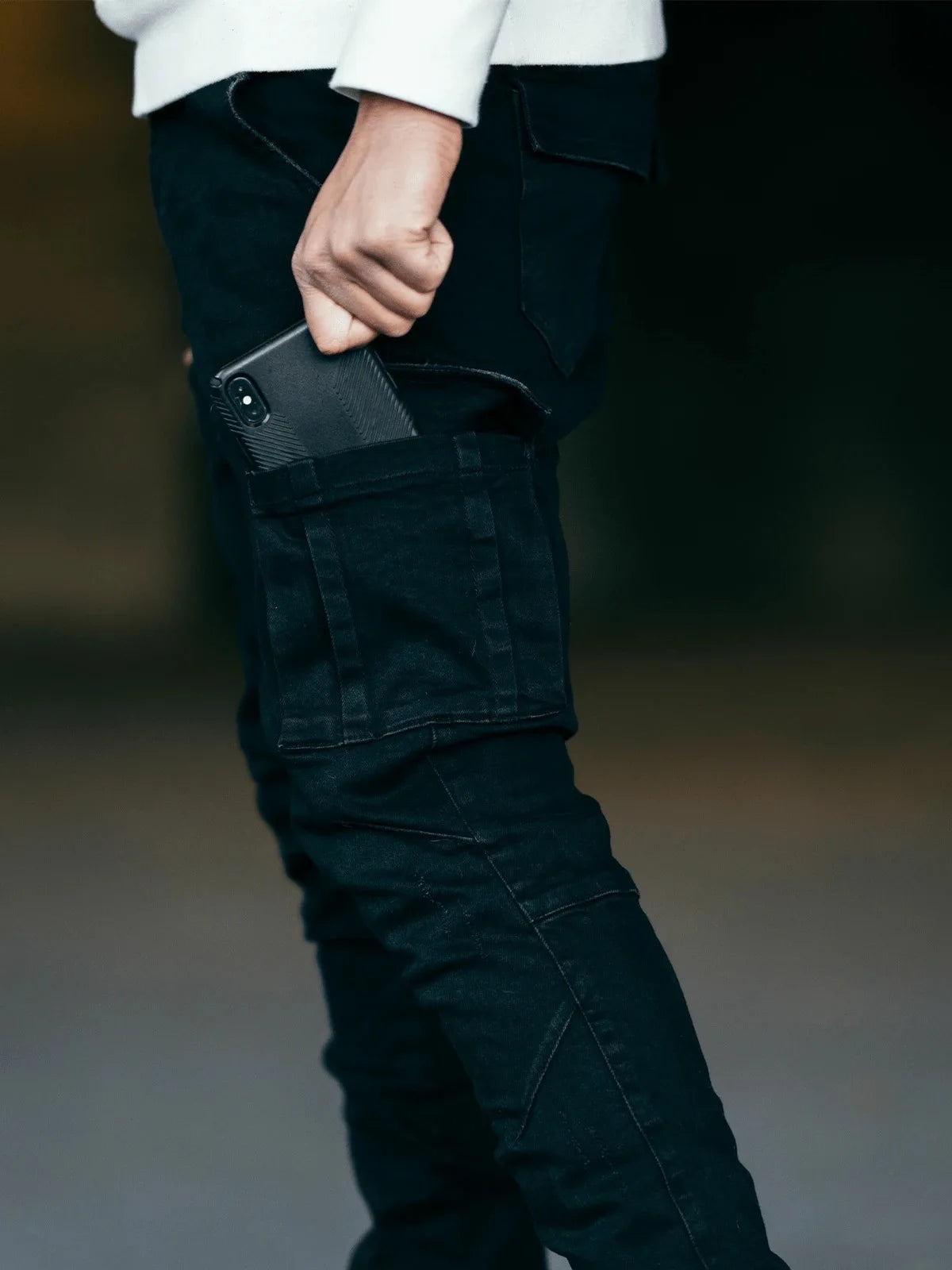 Men’s Washed Solid Color Multi-Pocket Denim Cargo Jeans – Mid Waist Casual Pants