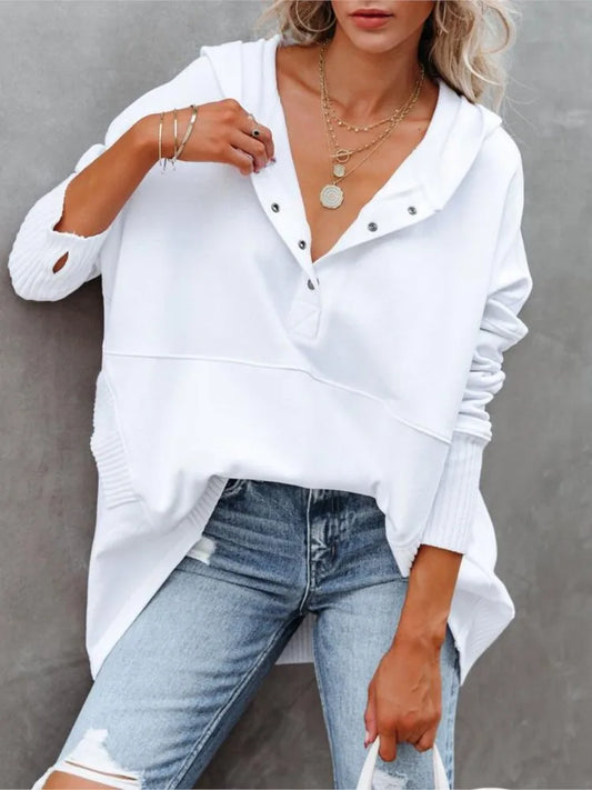 Stay Cozy in Style – Casual Loose White V-Neck Hooded Sweatshirt for Women