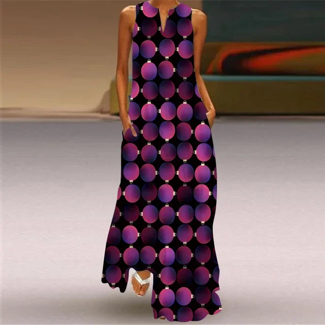 Summer Women’s Artistic Retro Sleeveless V-Neck Oversized Swing Maxi Dress | Casual Loose Boho Long