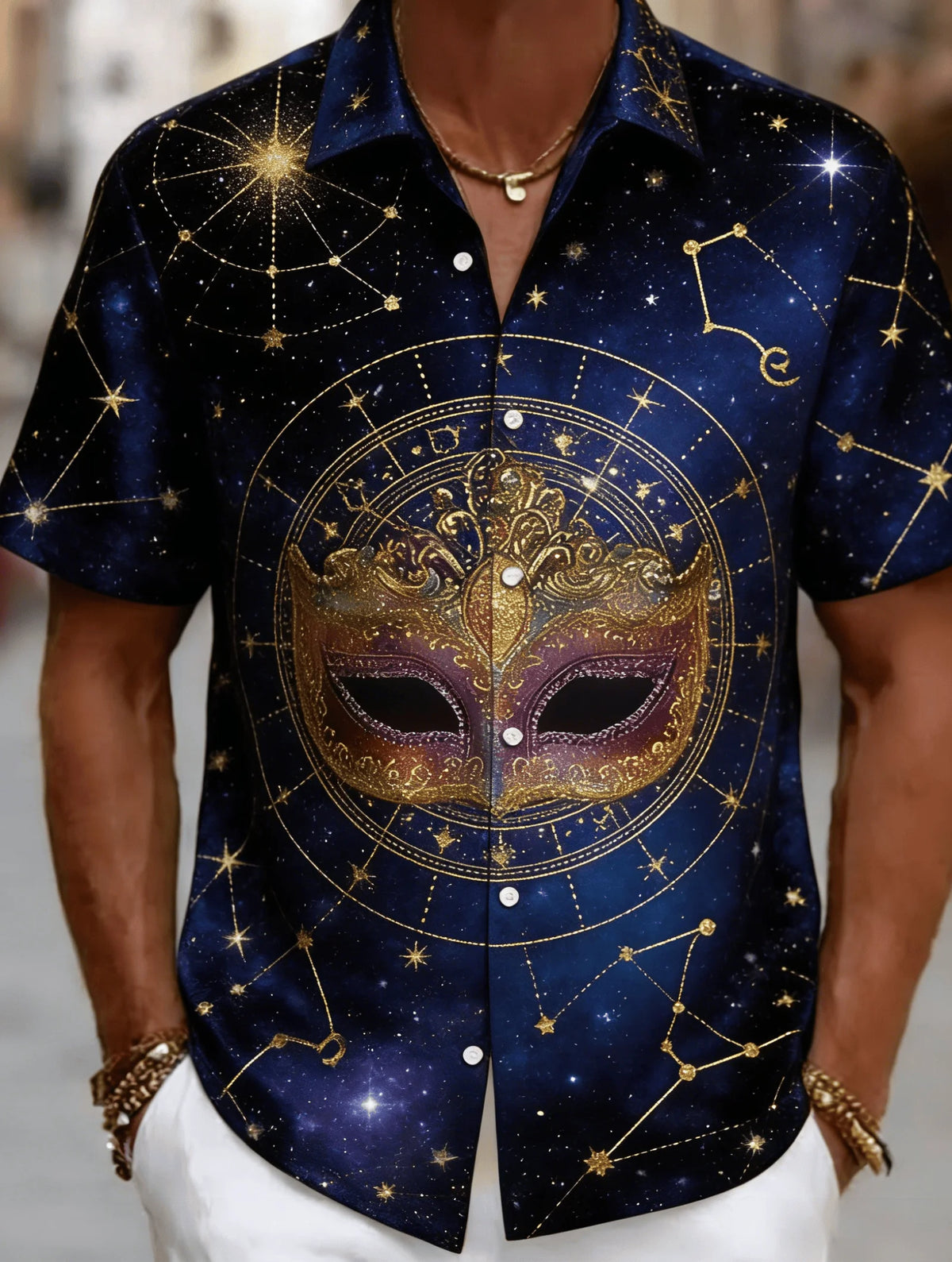Men's Venetian Mask Print Shirt – Luxury Baroque Short Sleeve Button-Up, Loose Fit Casual Summer Party Top