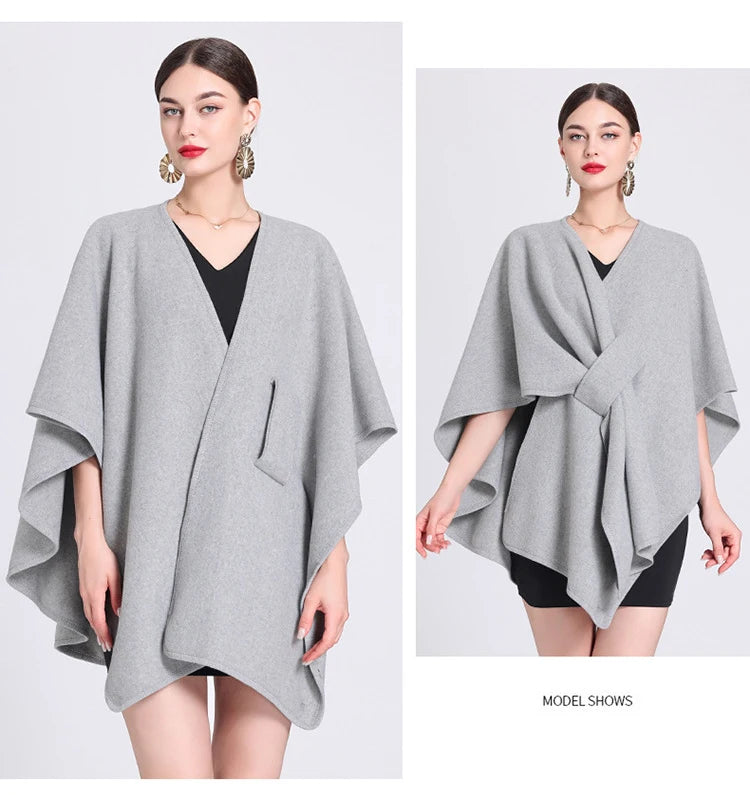 Fashion Side Strap Wool-Blend Poncho Cape – Autumn/Winter Women’s Cardigan Shawl Cloak
