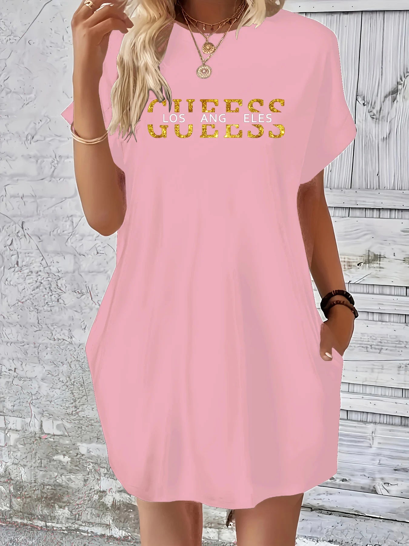 Women’s GUEESS Los Angeles Letter Print Casual Plus Size Dress – Summer Loose Short Sleeve Pocket Dress