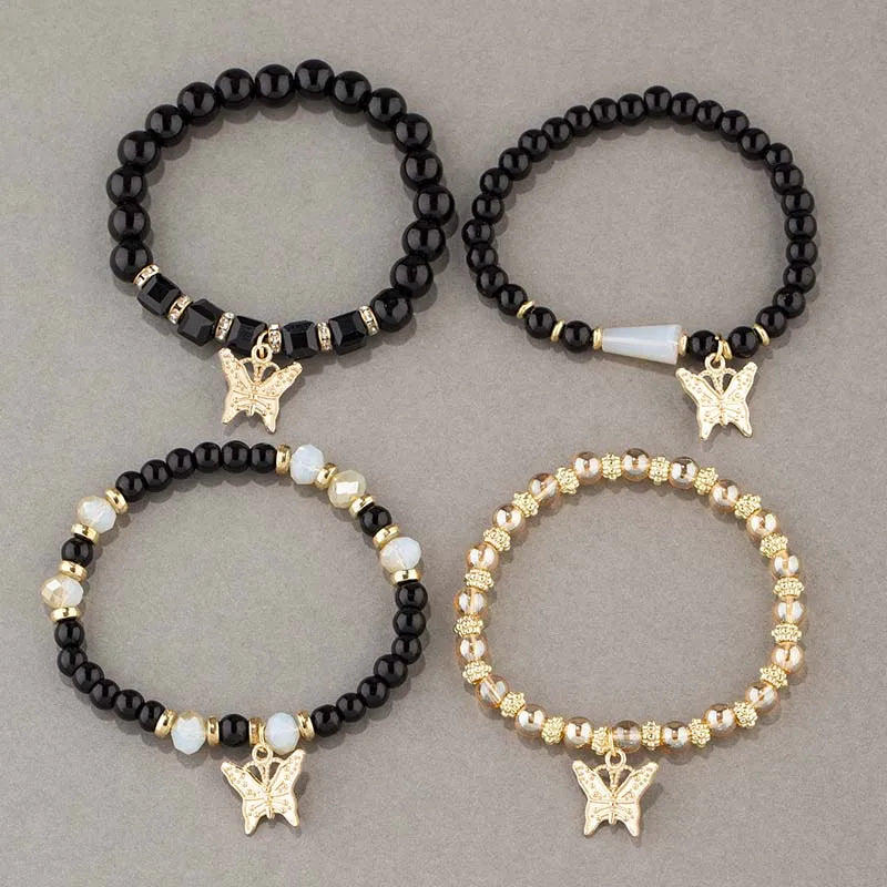 4-Piece Trendy Butterfly Beaded Bracelet Set for Women