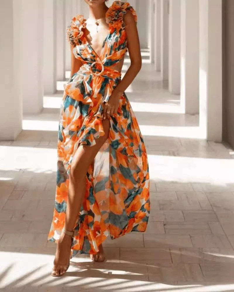 Summer Women's Long Skirt – Elegant Print, Backless & Sleeveless