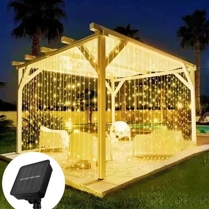 3×3M Solar Curtain String Lights – 300 LED Outdoor Decorative Lights with 8 Lighting Modes for Christmas, Halloween, Garden & Party Decor