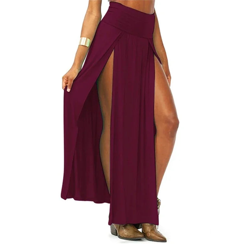 New Arrival High Waisted Sexy Women's Double Slits Summer Solid Long Maxi Skirt