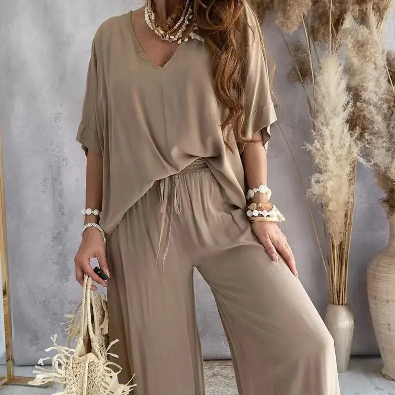 Women’s Summer Two-Piece Pant Set – V-Neck Bat Sleeve Casual Loose Outfit