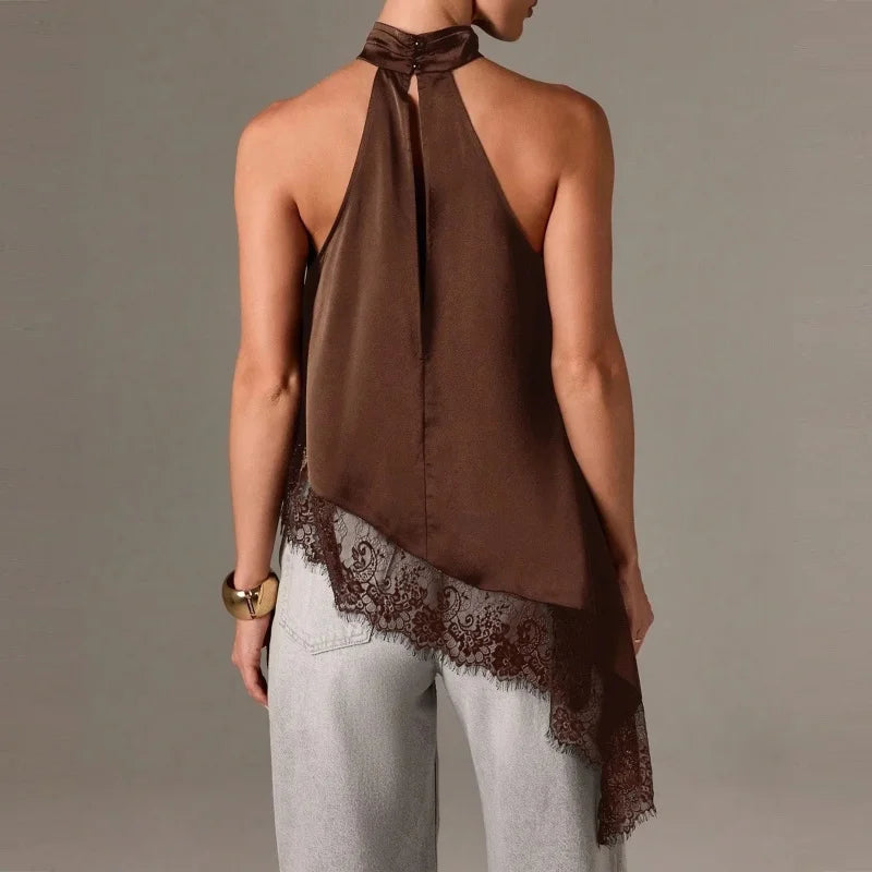 Women Y2K Mock Neck Halter Top – Satin Lace Asymmetrical Hem Sleeveless Crop Tank