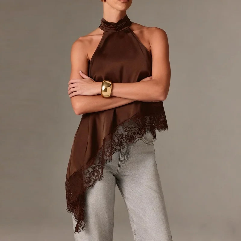Women Y2K Mock Neck Halter Top – Satin Lace Asymmetrical Hem Sleeveless Crop Tank