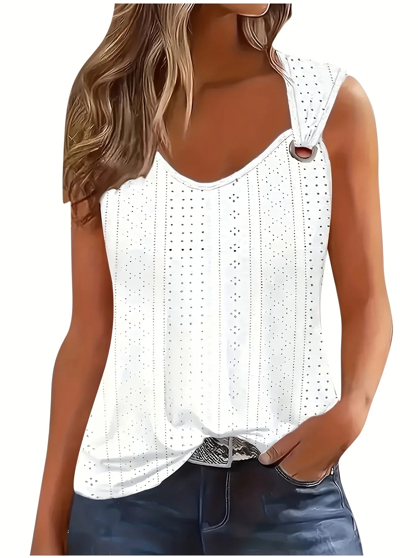 Women's Eyelet Embroidered Cami Top, V-Neck Sleeveless Tank with Decorative Buckle Straps