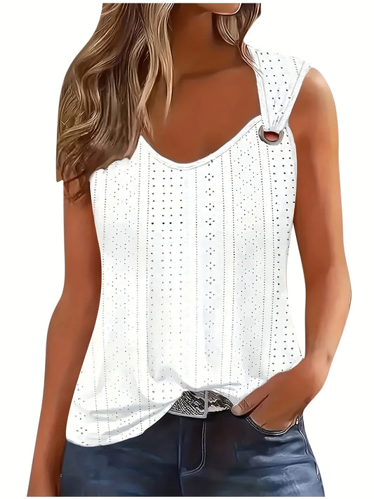 Women's Eyelet Embroidered Cami Top, V-Neck Sleeveless Tank with Decorative Buckle Straps