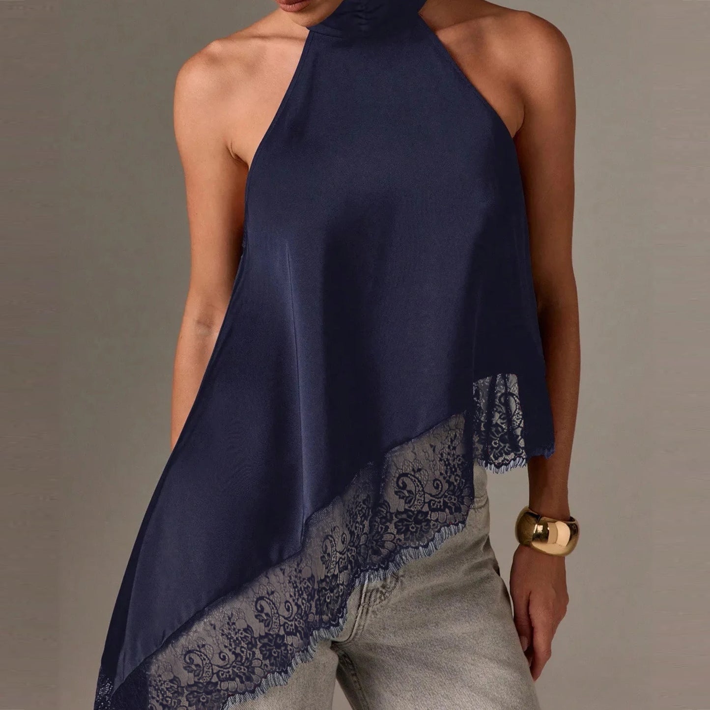 Women Y2K Mock Neck Halter Top – Satin Lace Asymmetrical Hem Sleeveless Crop Tank