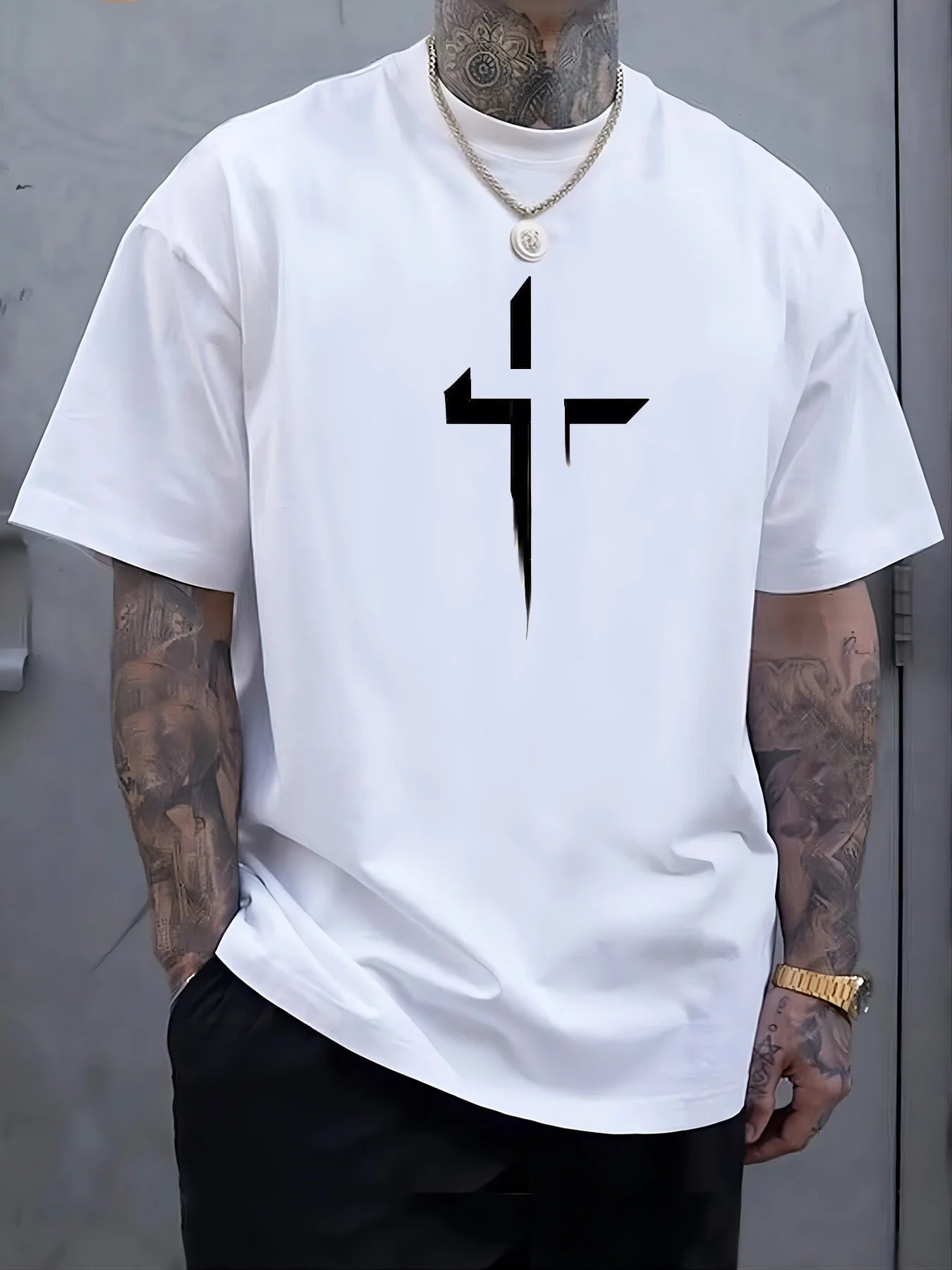 Men’s Summer Casual T-Shirt – 100% Pure Cotton, Plus Size, Creative Cross Prin