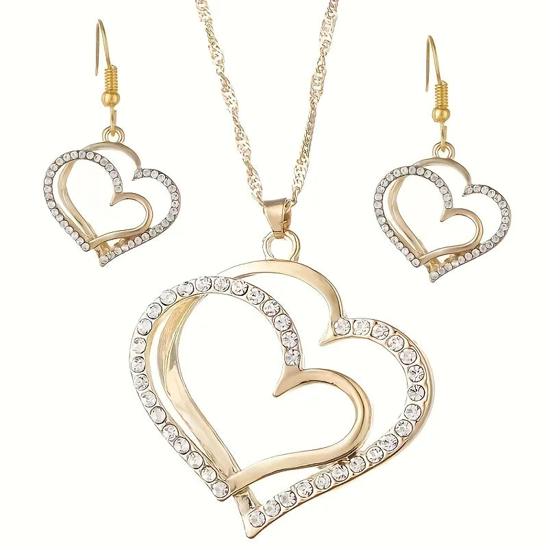 Sparkling Rhinestone Double-Layer Hollow Heart Pendant Necklace