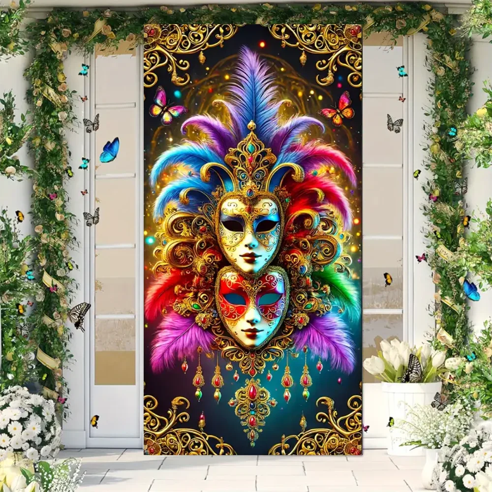 Mardi Gras Door Cover Banner – Colorful Masquerade Mask & Feather Print Backdrop for Party Decorations, Porch, Indoor & Outdoor Celebrations