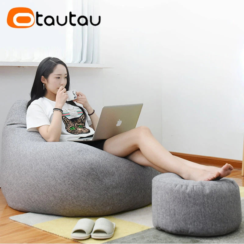 OTAUTAU Round Linen Bean Bag Ottoman