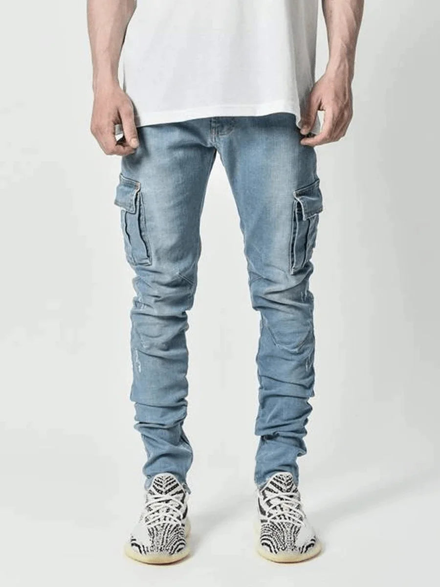 Men’s Washed Solid Color Multi-Pocket Denim Cargo Jeans – Mid Waist Casual Pants