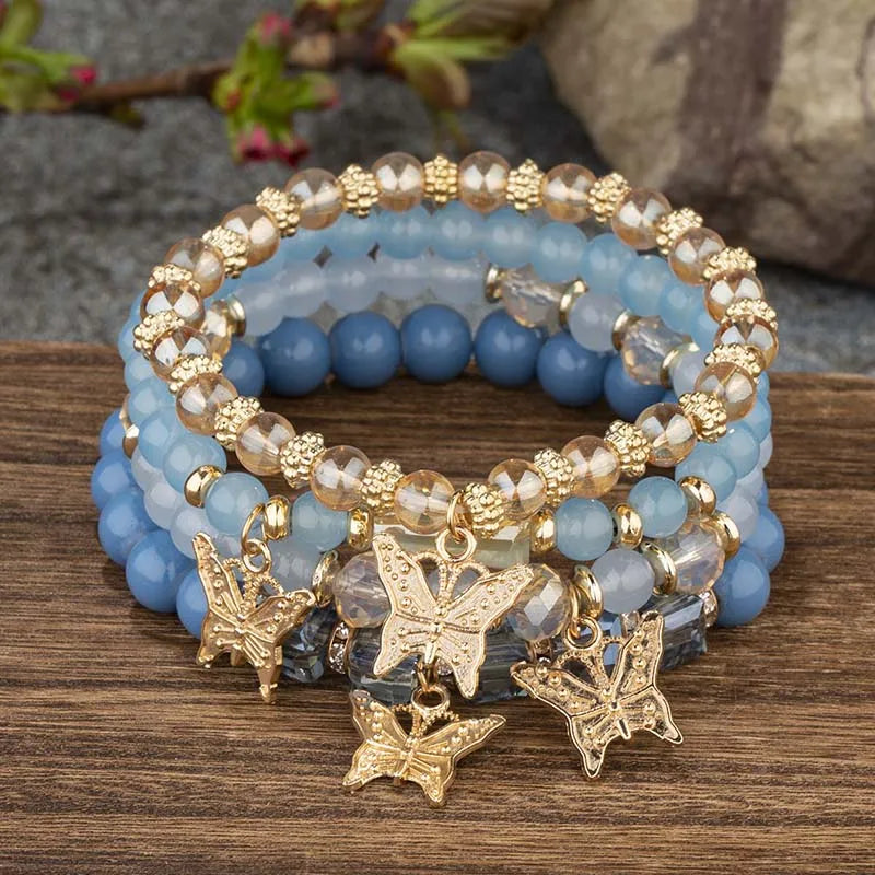 4-Piece Trendy Butterfly Beaded Bracelet Set for Women