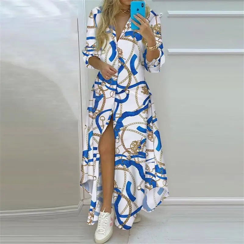 Summer Women Boho Printed Long Shirt Dress | Elegant Turn-Down Collar Long Sleeve Casual Maxi Dress