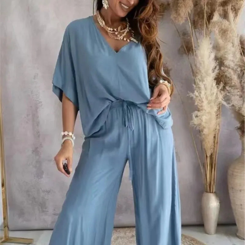 Women’s Summer Two-Piece Pant Set – V-Neck Bat Sleeve Casual Loose Outfit