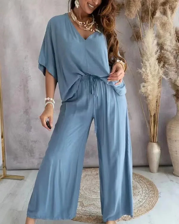 Women’s Summer Two-Piece Pant Set – V-Neck Bat Sleeve Casual Loose Outfit